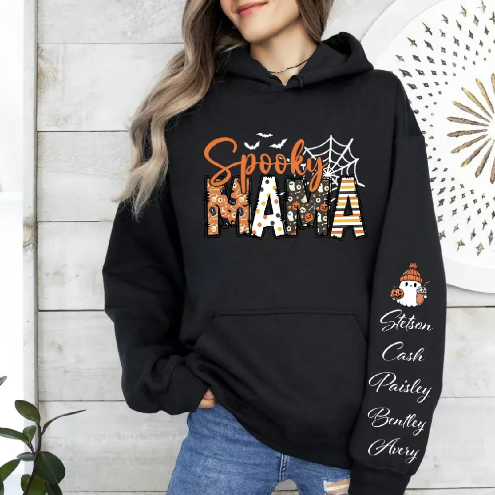 Spooky Mama-Halloween Mama Sweatshirt with Kids Name on Sleeve