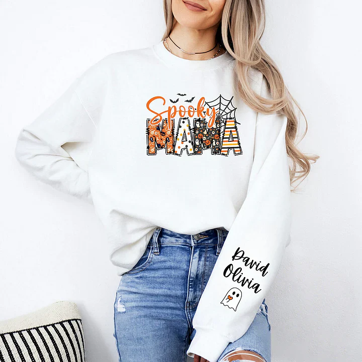 Spooky Mama-Halloween Mama Sweatshirt with Kids Name on Sleeve
