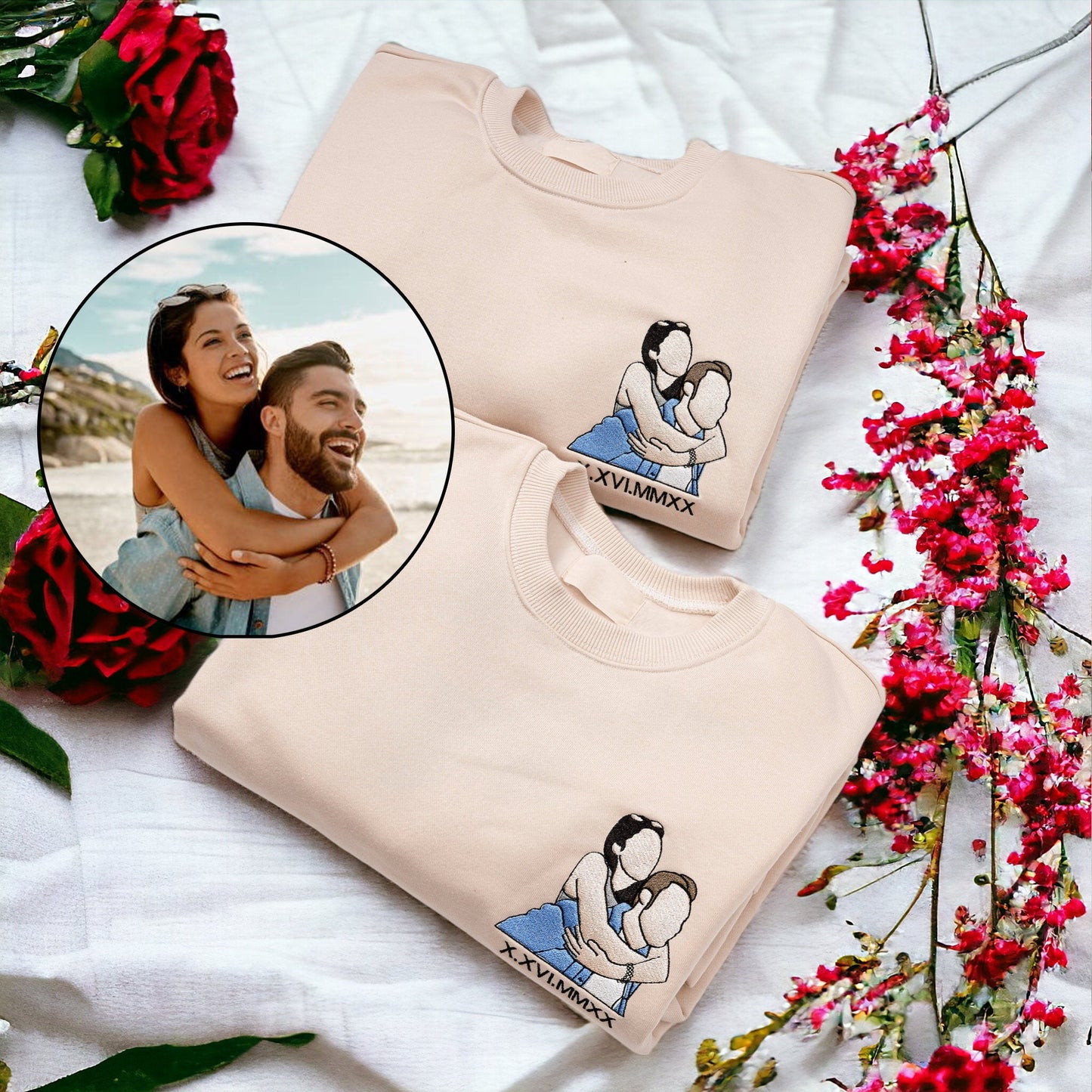 Custom Embroidered Sweatshirt Portrait Music Player Couple Valentine's Day Gift