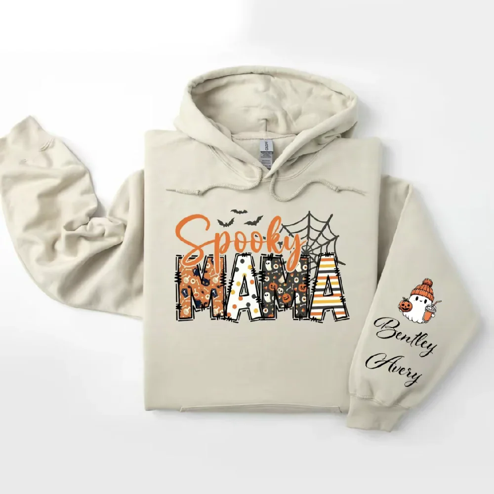 Spooky Mama-Halloween Mama Sweatshirt with Kids Name on Sleeve