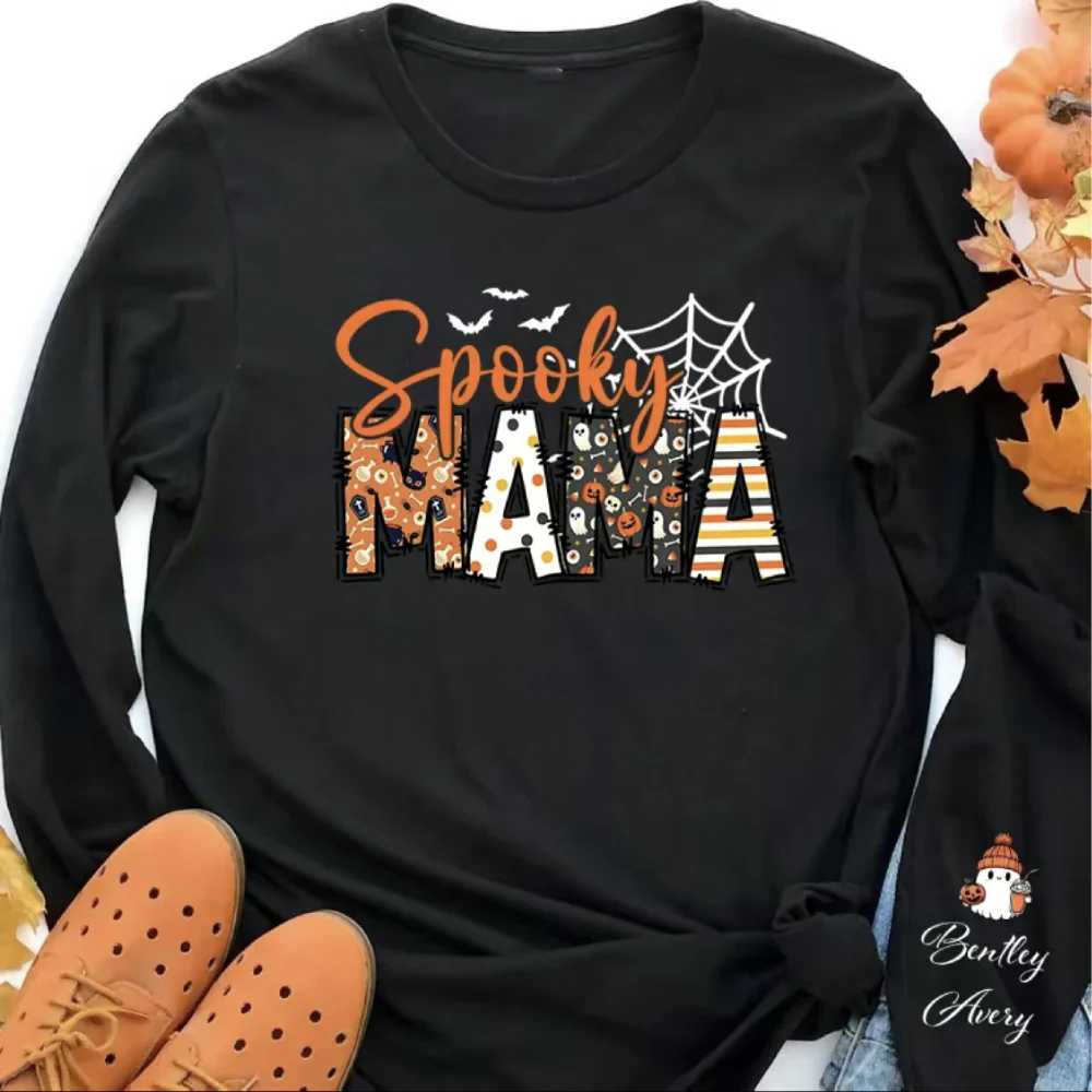 Spooky Mama-Halloween Mama Sweatshirt with Kids Name on Sleeve