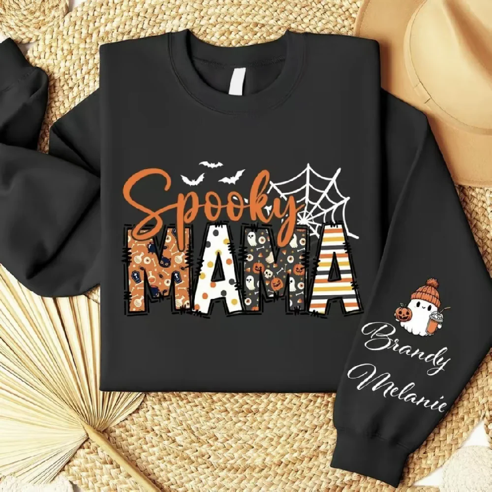 Spooky Mama-Halloween Mama Sweatshirt with Kids Name on Sleeve