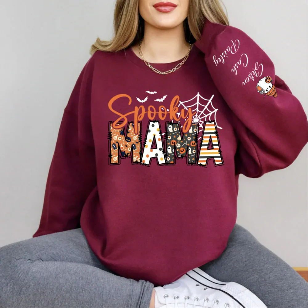 Spooky Mama-Halloween Mama Sweatshirt with Kids Name on Sleeve