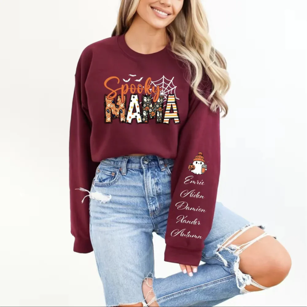 Spooky Mama-Halloween Mama Sweatshirt with Kids Name on Sleeve