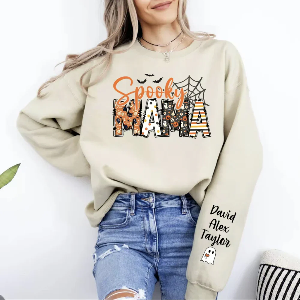 Spooky Mama-Halloween Mama Sweatshirt with Kids Name on Sleeve