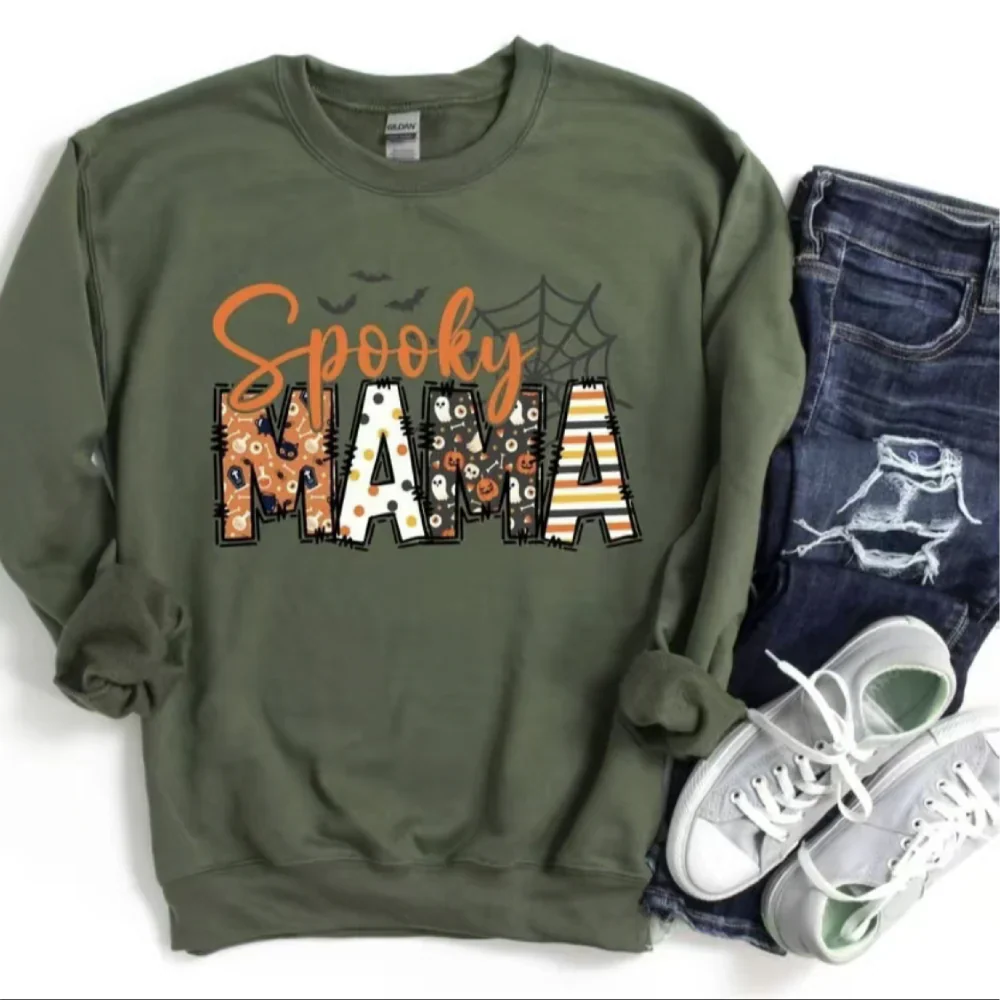 Spooky Mama-Halloween Mama Sweatshirt with Kids Name on Sleeve