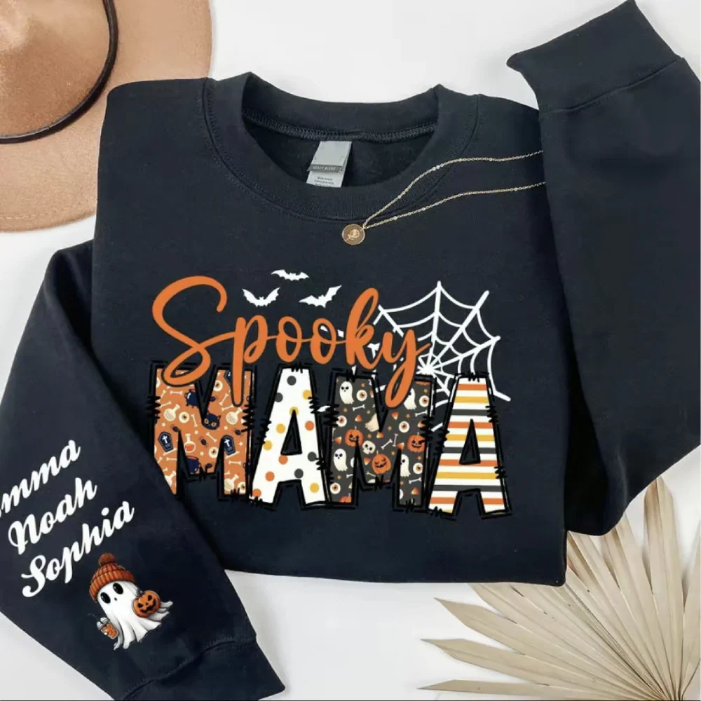 Spooky Mama-Halloween Mama Sweatshirt with Kids Name on Sleeve