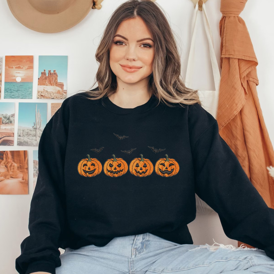 Embroidered Pumpkin Halloween Sweatshirt