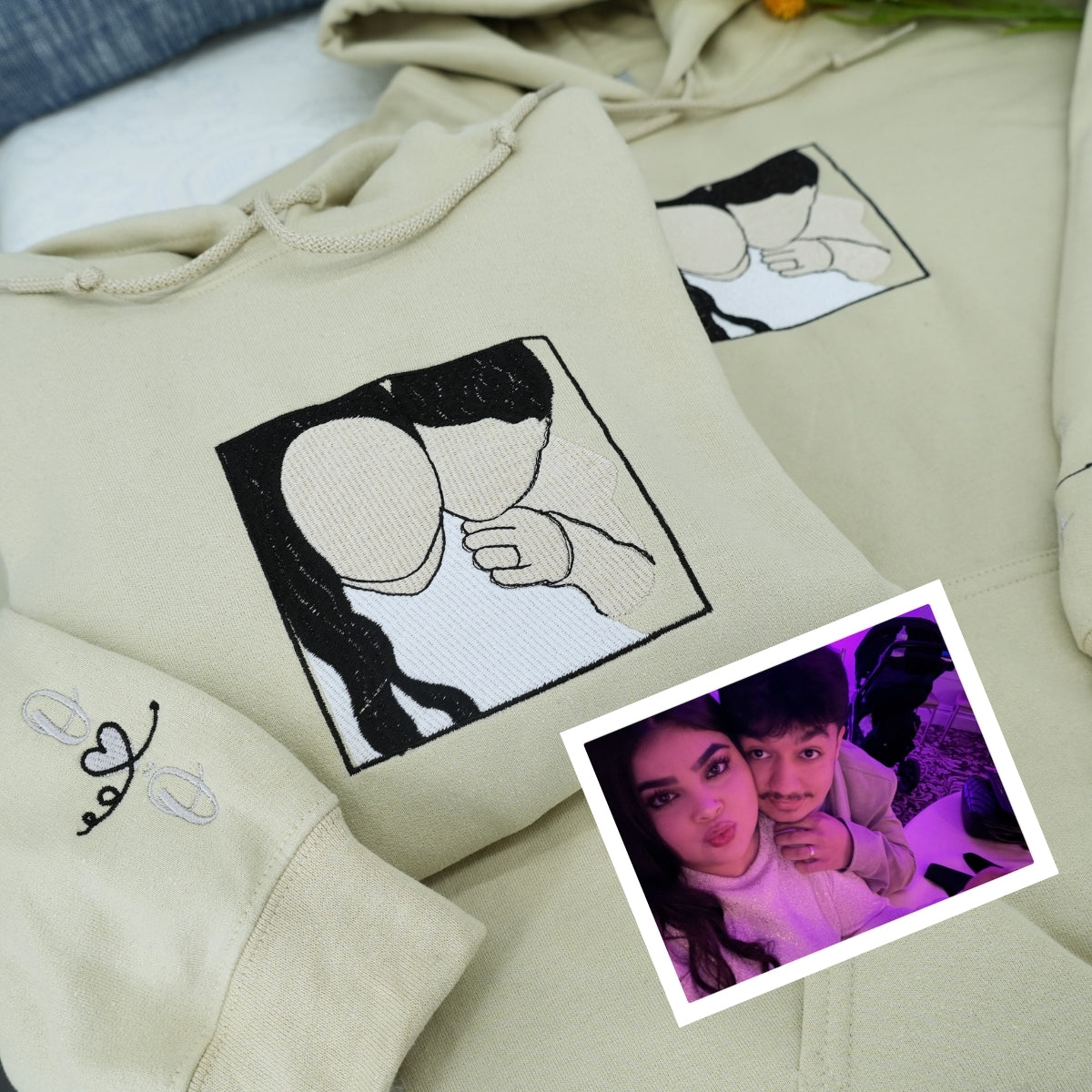Anniversary Couple Hoodies - Custom Photo Embroidered Matching Sweatshirts - Romantic Relationship Gift