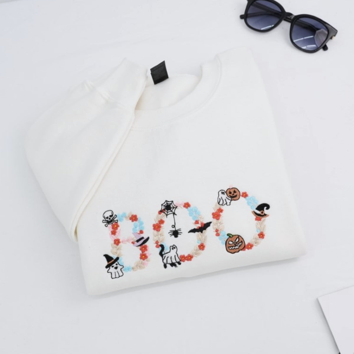 BOO Halloween Custom Hoodie - Embroidered Spooky Floral Design - Halloween Party Gift