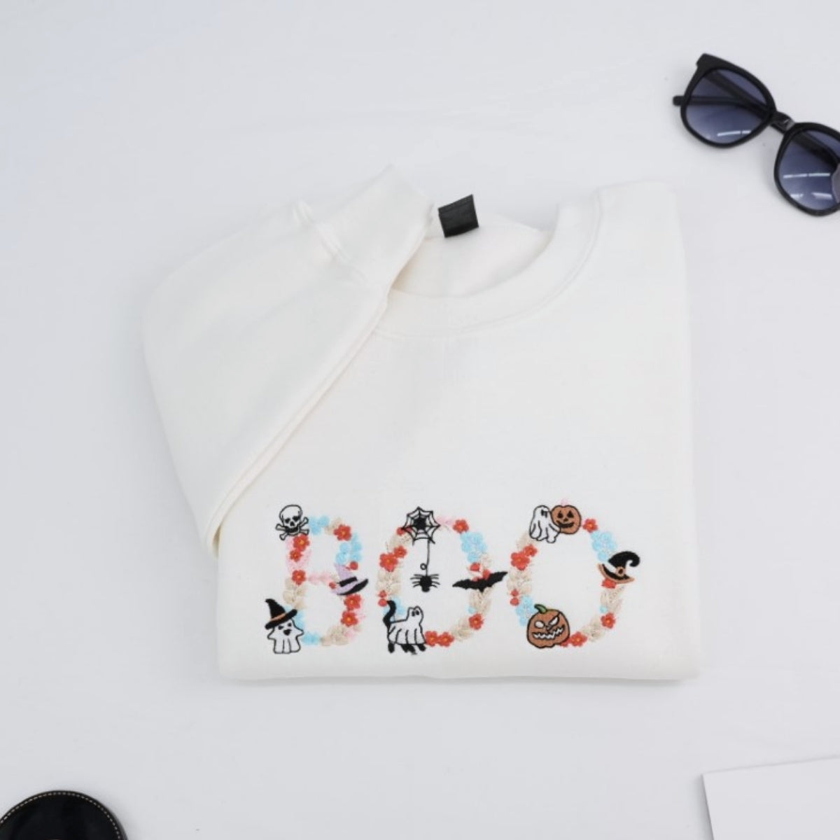 BOO Halloween Custom Hoodie - Embroidered Spooky Floral Design - Halloween Party Gift