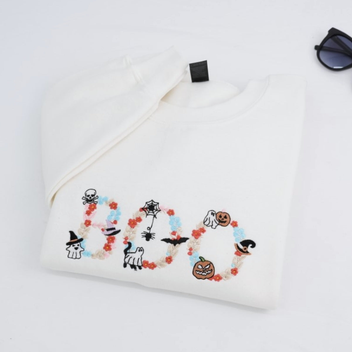 BOO Halloween Custom Hoodie - Embroidered Spooky Floral Design - Halloween Party Gift