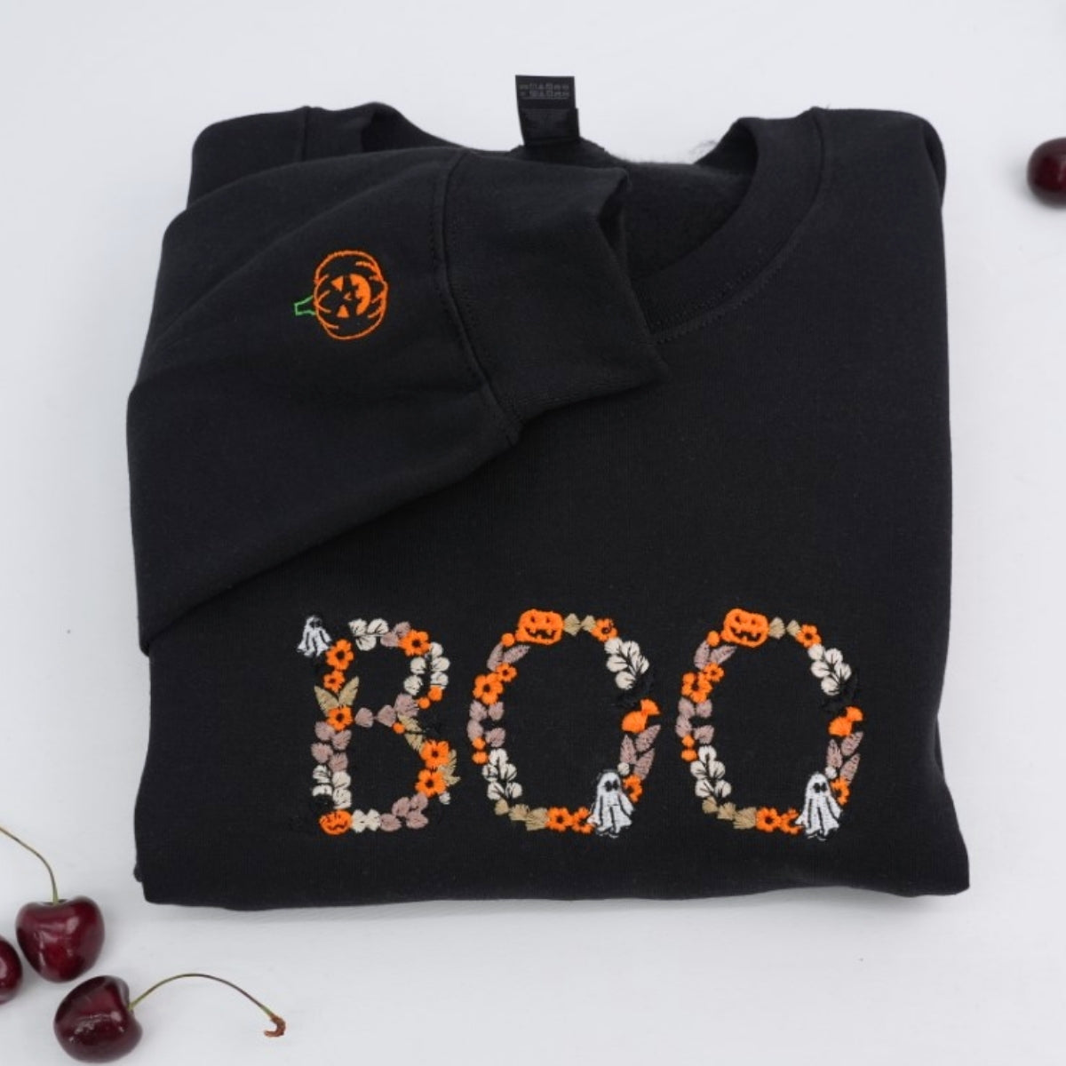 BOO Halloween Custom Hoodie - Embroidered Spooky Floral Design - Halloween Party Gift