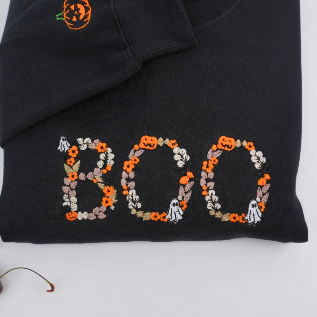 BOO Halloween Custom Hoodie - Embroidered Spooky Floral Design - Halloween Party Gift