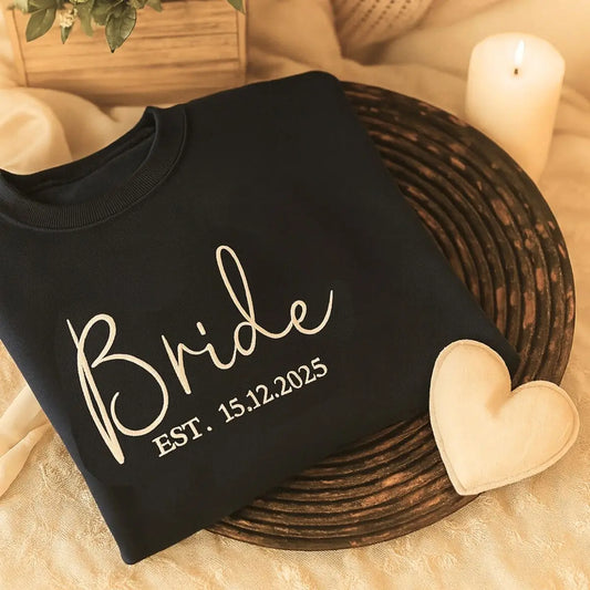 Bride Sweatshirt, Custom Bride Crewneck Est 2024 Embroidered with Initial Heart Sleeve