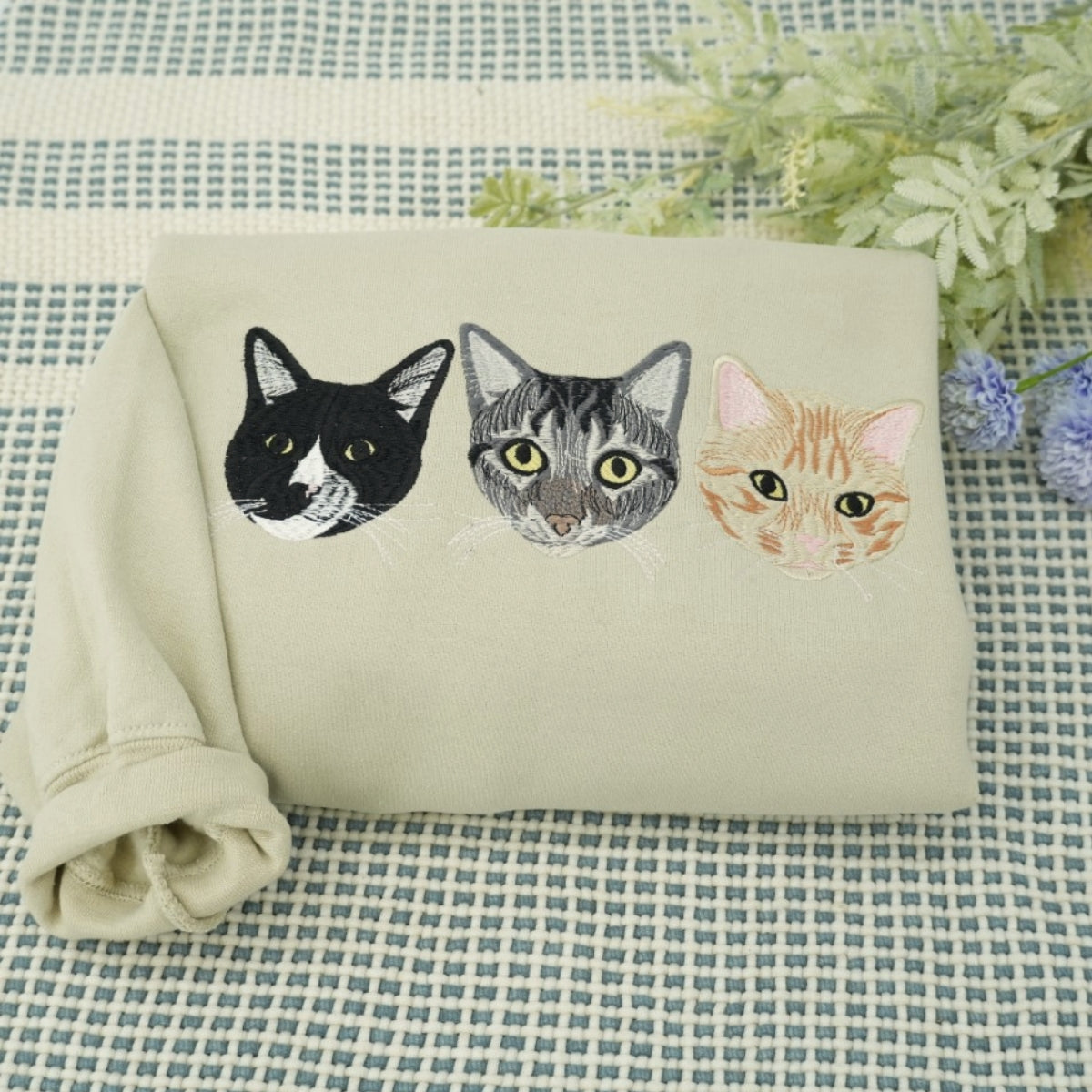 Cat Mom Portrait Sweatshirts - Custom Cat Names Embroidered Crewneck - Cat Parent Apparel