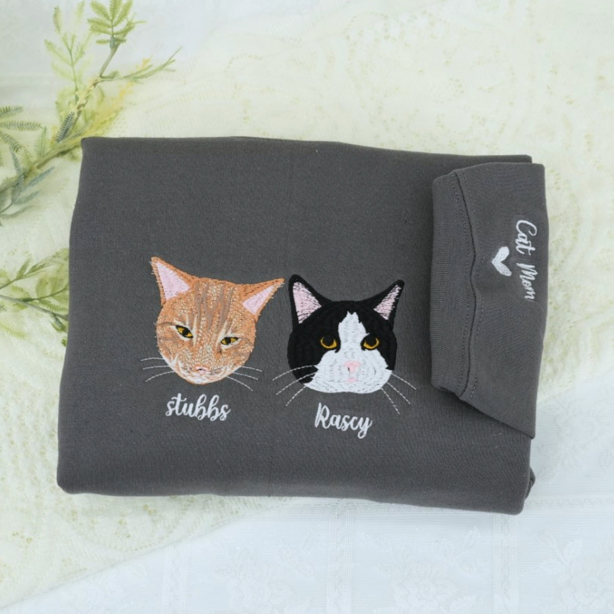 Cat Mom Portrait Sweatshirts - Custom Cat Names Embroidered Crewneck - Cat Parent Apparel