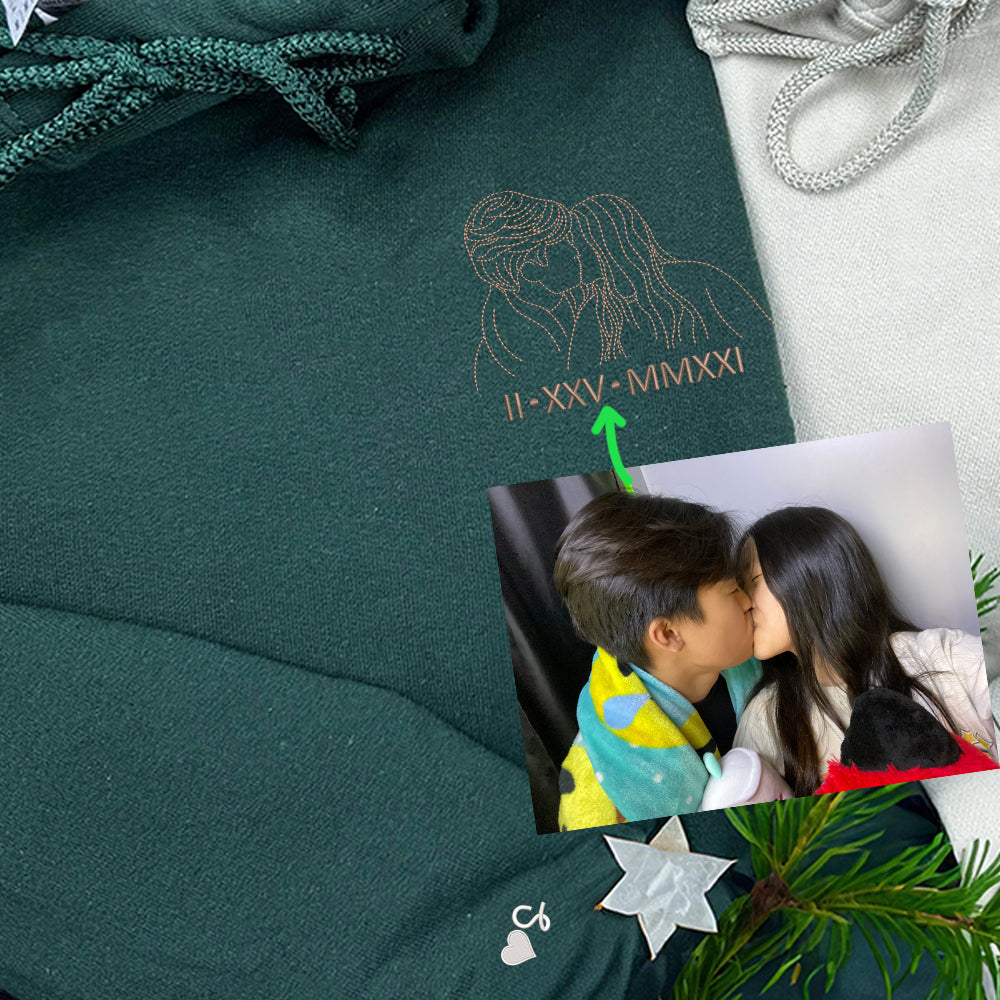 Custom Embroidered Couple Art Drawing Gift, Portrait From Photo, Embroidered Sweatshirt, Valentine Personalized, First Anniversary Gift