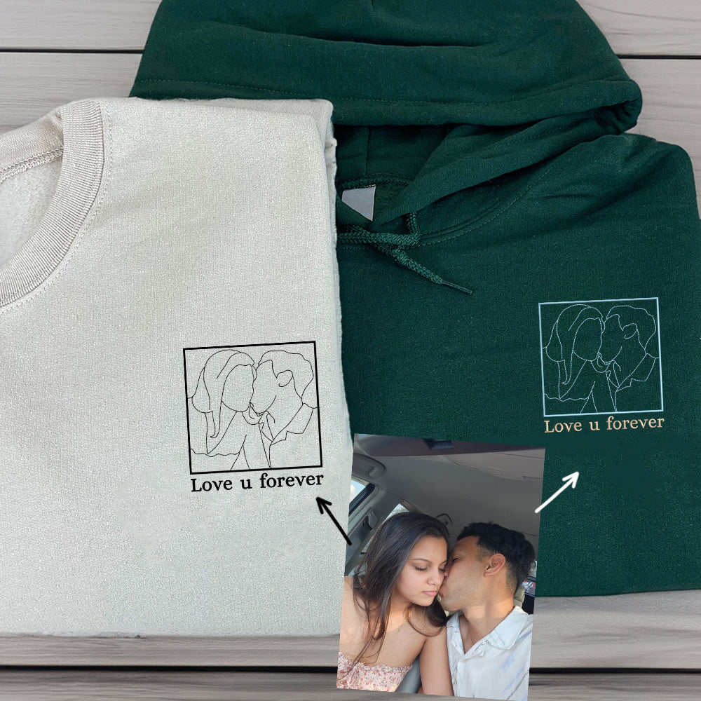 Custom Embroidered Portrait Sweatshirt for Couple, Personalized People Outline with Photo Hoodie, Embroidered Line Art Photo