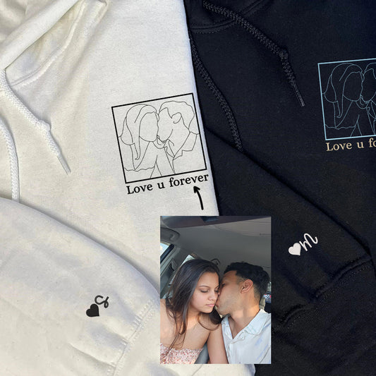 Custom Embroidered Portrait Sweatshirt for Couple, Personalized People Outline with Photo Hoodie, Embroidered Line Art Photo