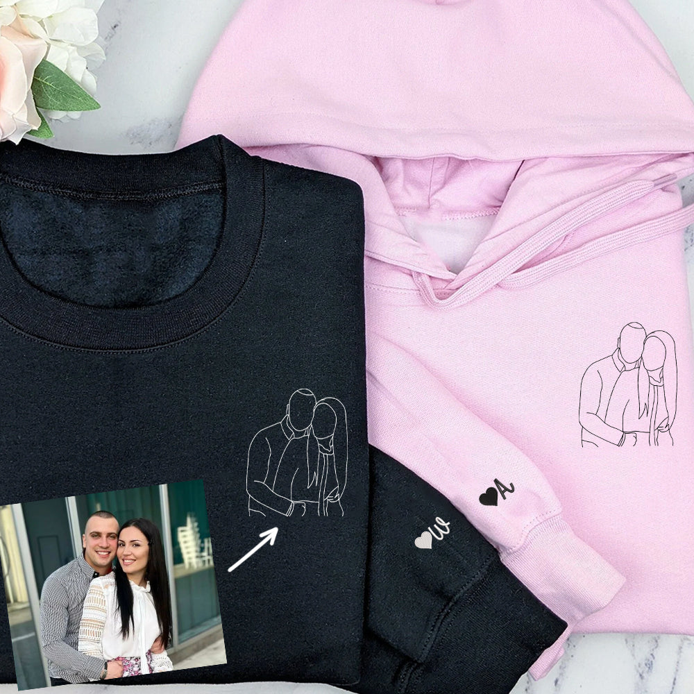 Custom Embroidered Portrait Sweatshirt for Couple, Personalized People Outline, Photo Hoodie, Embroidered Line Art