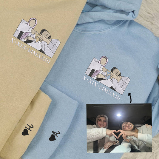 Custom Embroidered Full-Color Portrait Sweatshirt for Couples, Personalized People with Photo Hoodie