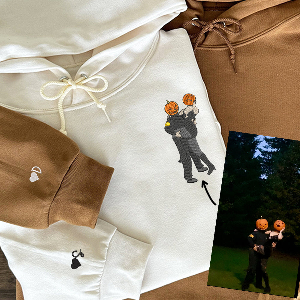 Personalized Picture Full-color Embroidered Hoodie Sweatshirt, Portrait Photo Couple Full-color Sweatshirt, Custom Art Photo Hoodie