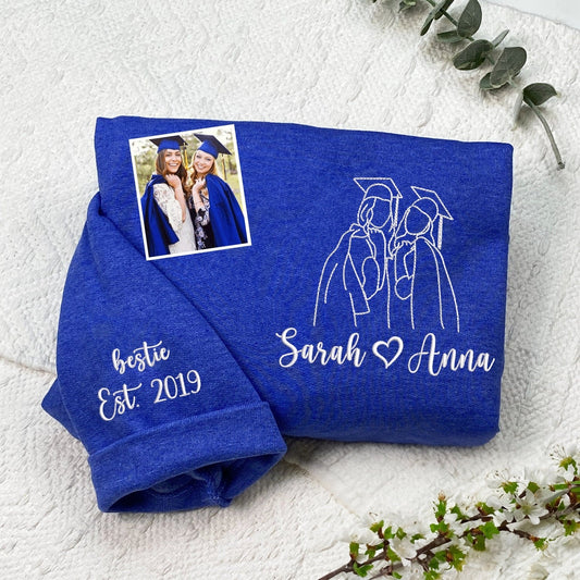 Custom Bestie Sweatshirt with Embroidered Portrait from Photo – Personalized Graduation Gift for Friends – Matching Hoodie for Best Friends