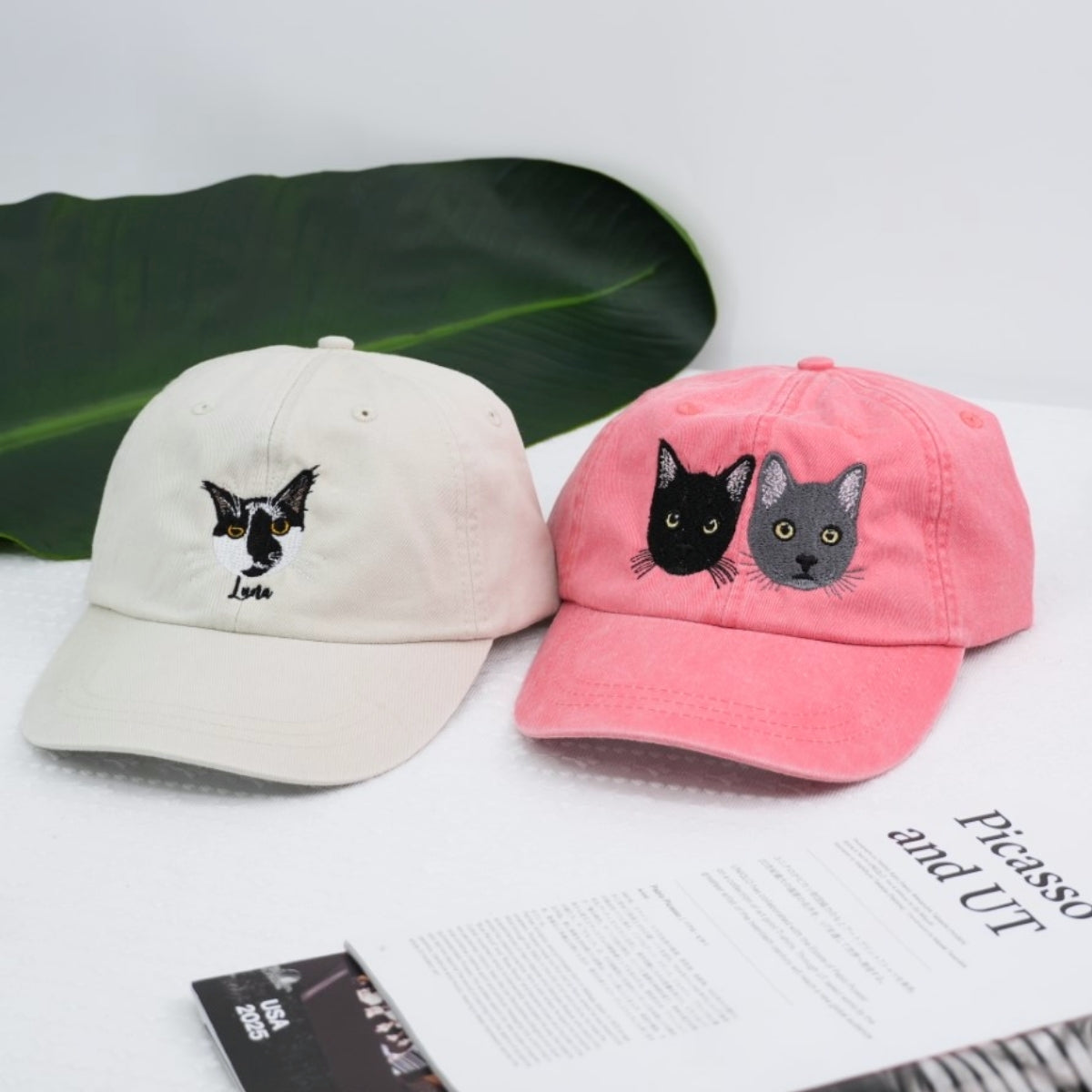 Custom Cat Portrait Hats - Pet Face Embroidered Caps - Personalized Cat Lover Gift