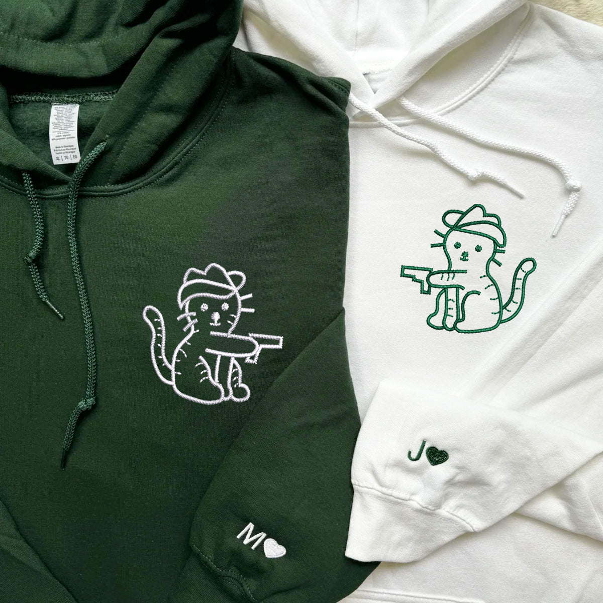 Custom Embroidered Cowboy Cat Guns Matching Hoodies for Couples