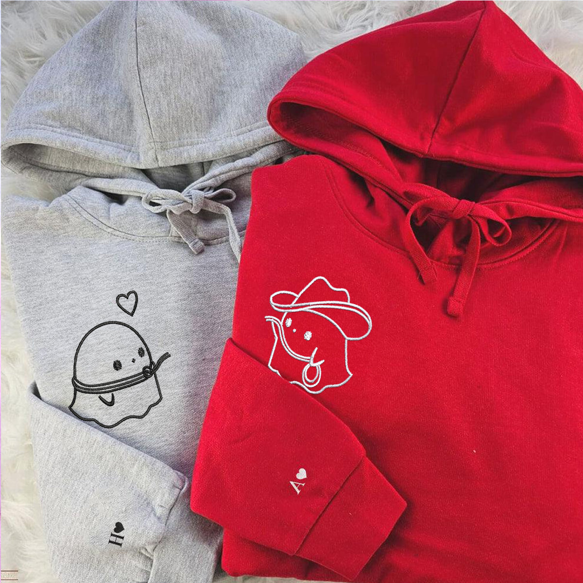 Custom Embroidered Cowboy Ghost Love Matching Hoodies for Couples