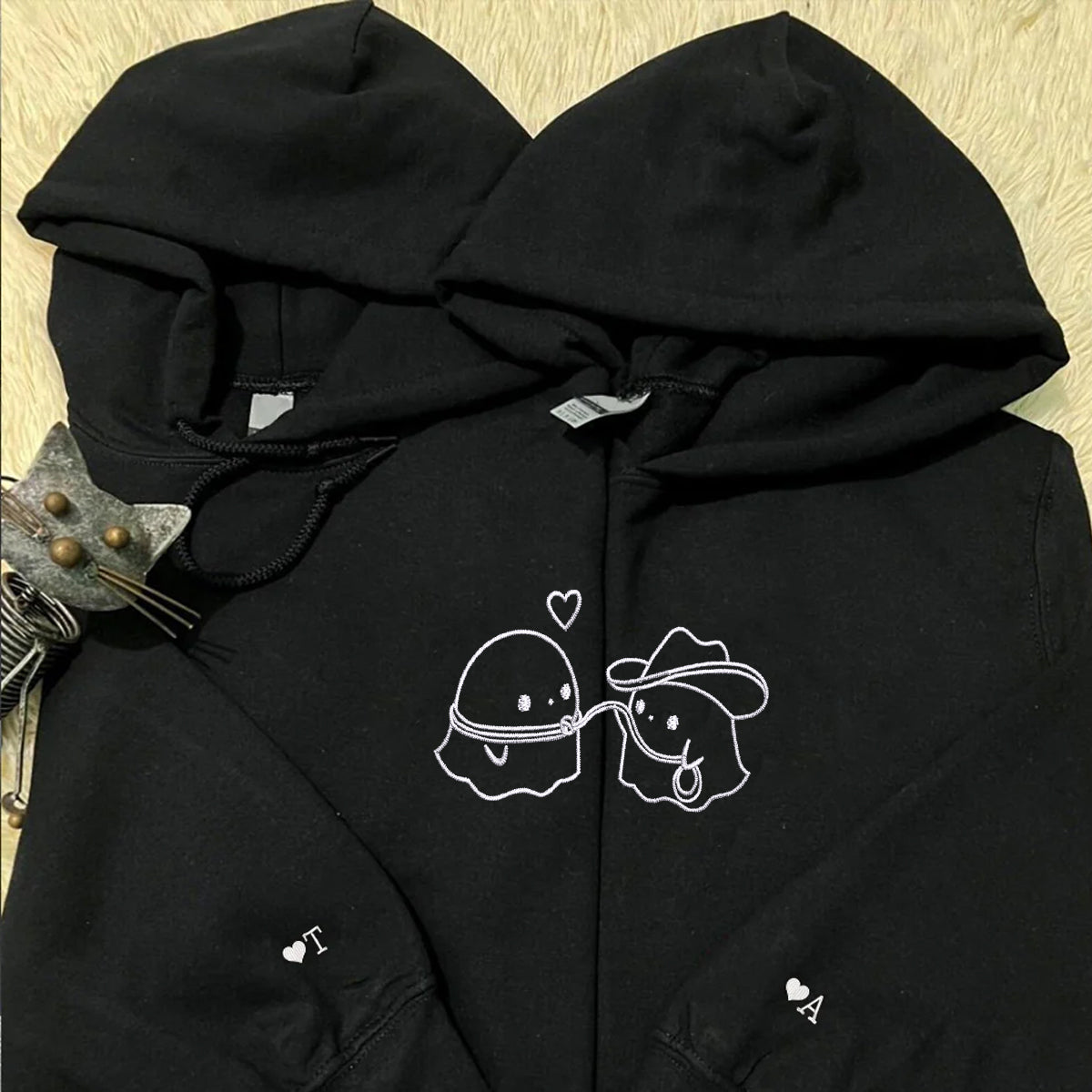 Custom Embroidered Cowboy Ghost Love Matching Hoodies for Couples