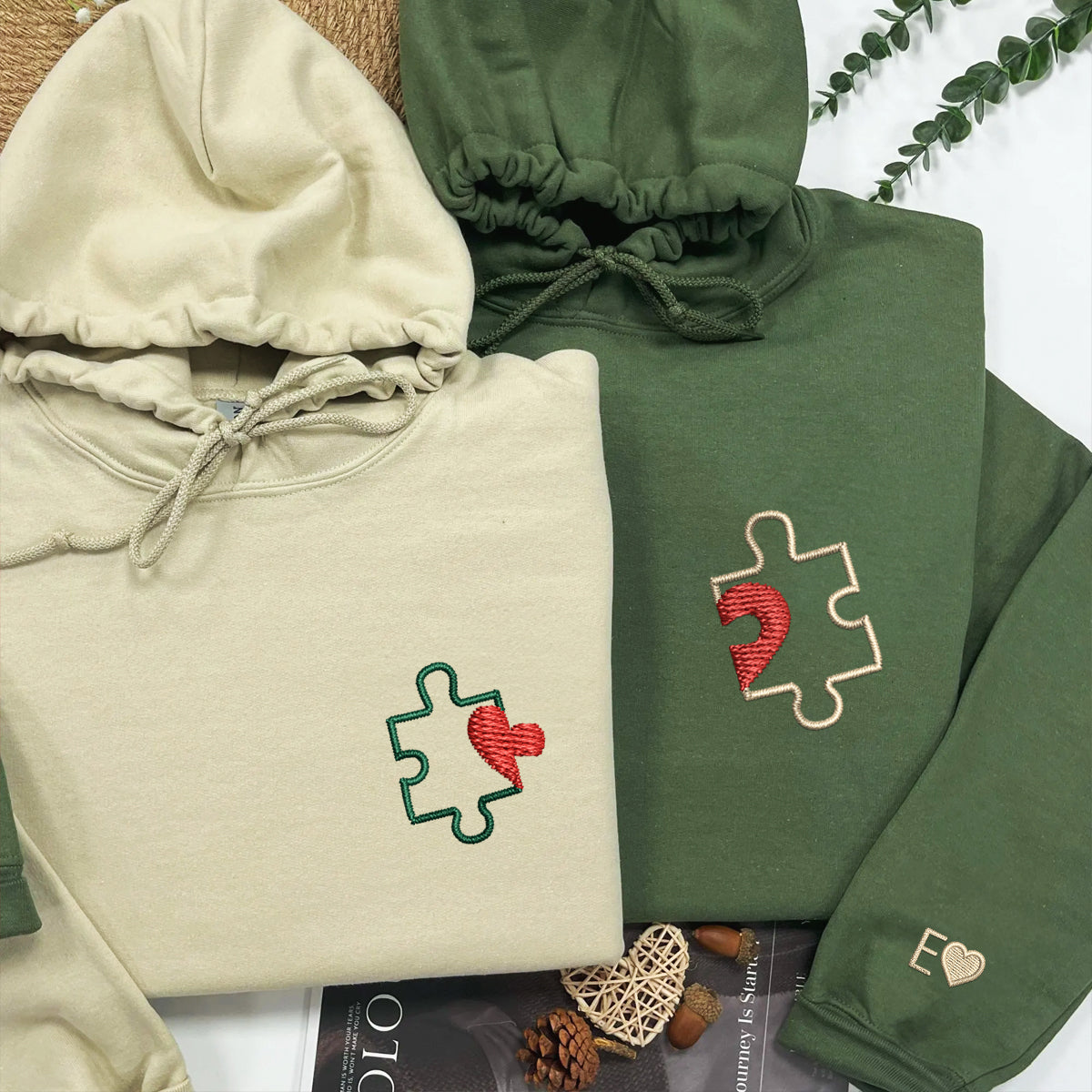 Custom Embroidered Puzzle Heart Matching Hoodies for Couples