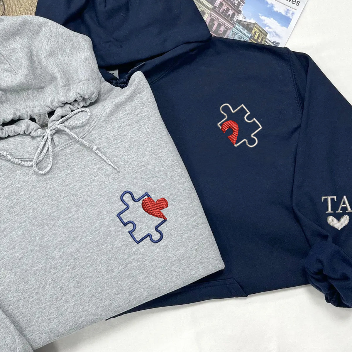 Custom Embroidered Puzzle Heart Matching Hoodies for Couples