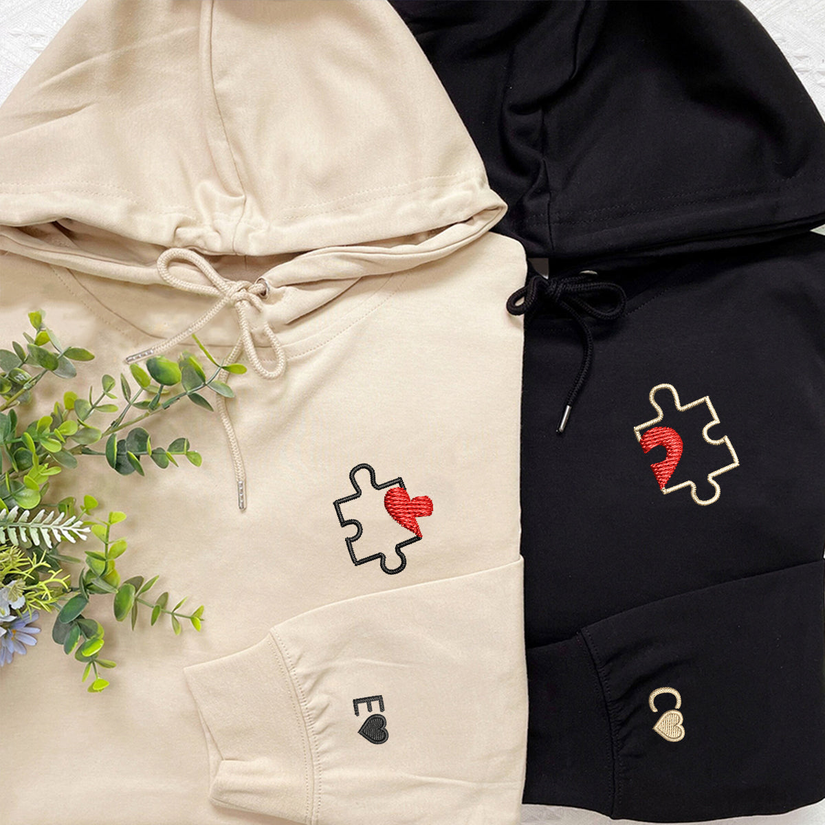 Custom Embroidered Puzzle Heart Matching Hoodies for Couples