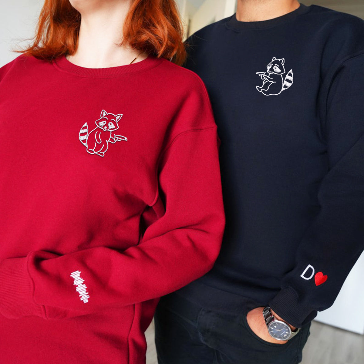 Custom Embroidered Racoon Guns Matching Hoodies for Couples