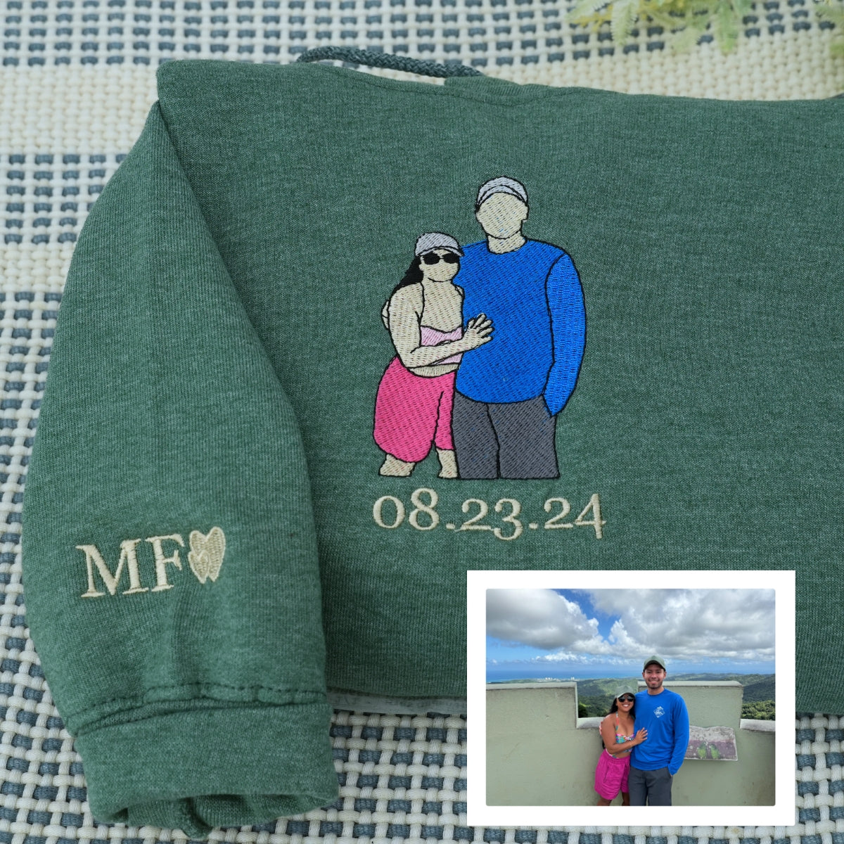 Custom Embroidered Wedding Portrait Sweatshirt – Personalized Bride & Groom Photo Sweatshirt with Roman Numeral Date – Unique Wedding or Anniversary Gift