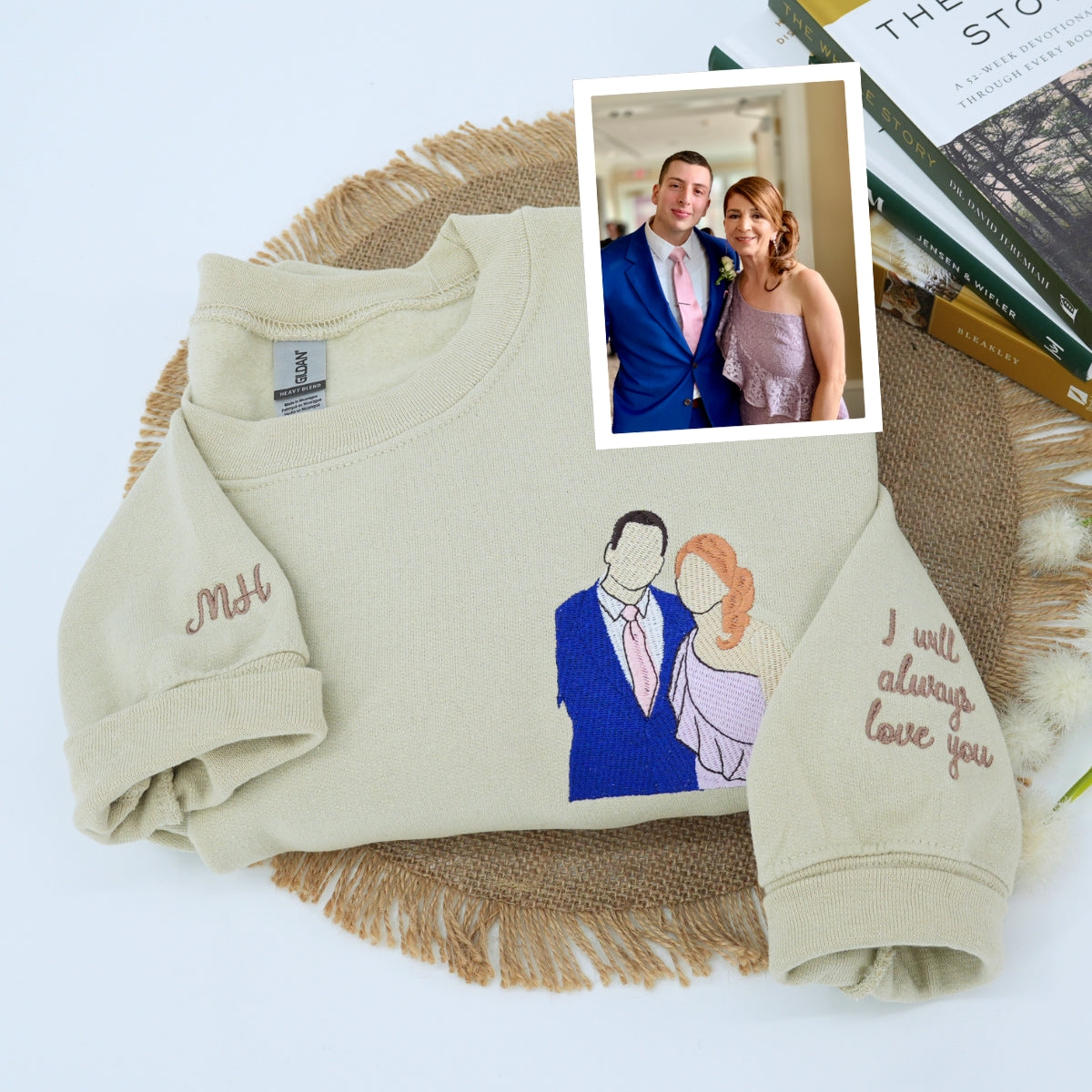Custom Embroidered Wedding Portrait Sweatshirt – Personalized Bride & Groom Photo Sweatshirt with Roman Numeral Date – Unique Wedding or Anniversary Gift