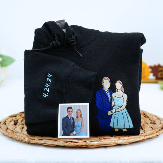 Custom Full Color Embroidered Couple Portrait Hoodie – Personalized Sweatshirt from Your Photo with Custom Date –  Engagement or Anniversary Gift