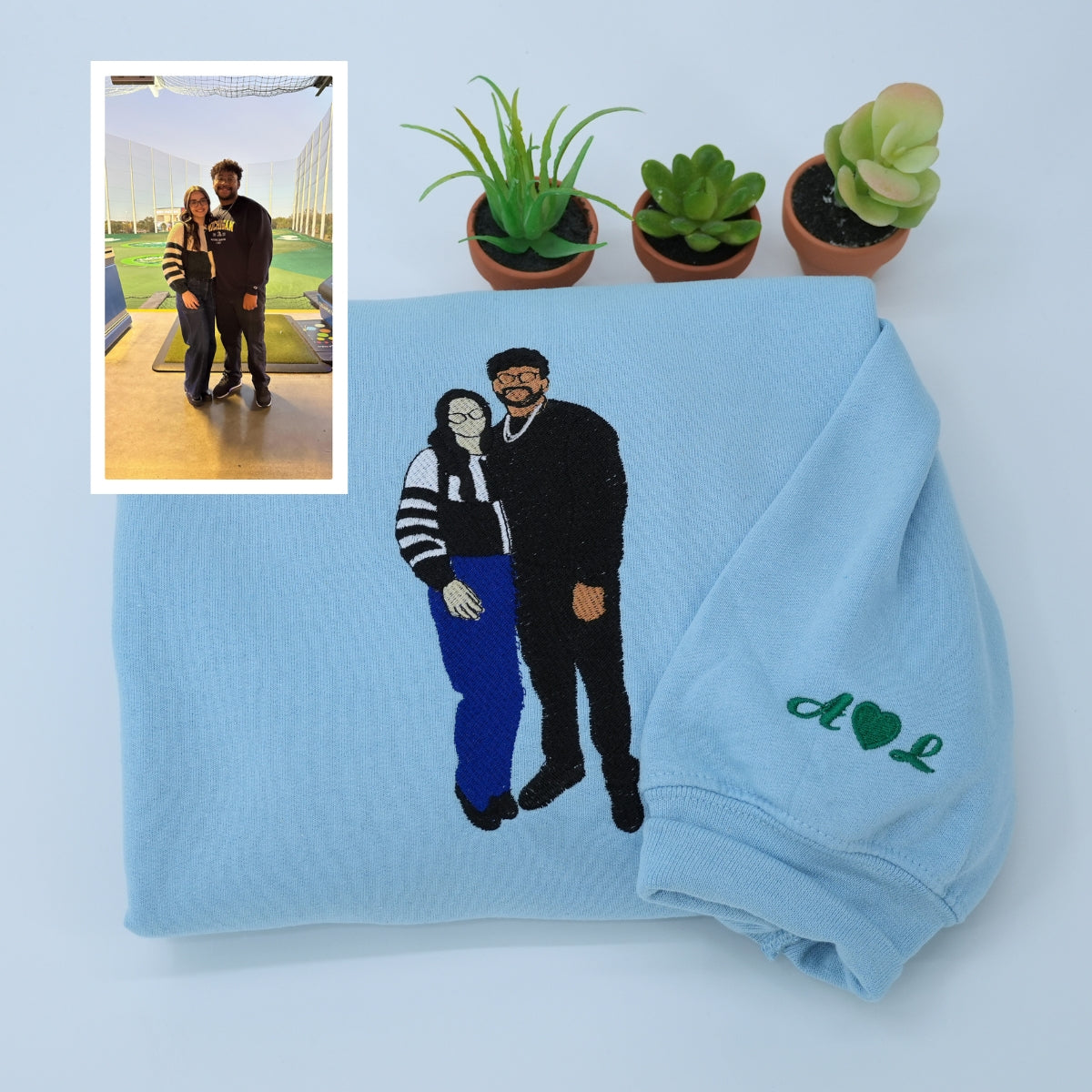 Custom Full Color Embroidered Couple Portrait Hoodie – Personalized Sweatshirt from Your Photo with Custom Date –  Engagement or Anniversary Gift