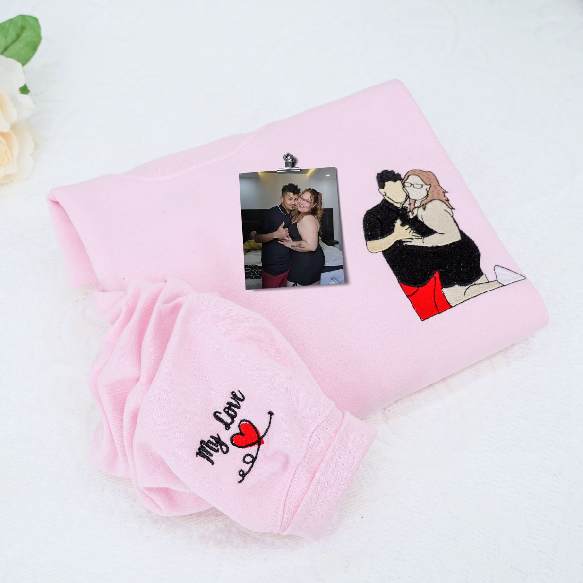 Custom Full Color Embroidered Photo Sweatshirt – Personalized Couple Portrait from Your Picture with Custom Text – Romantic Gift for Anniversary or Valentine’s