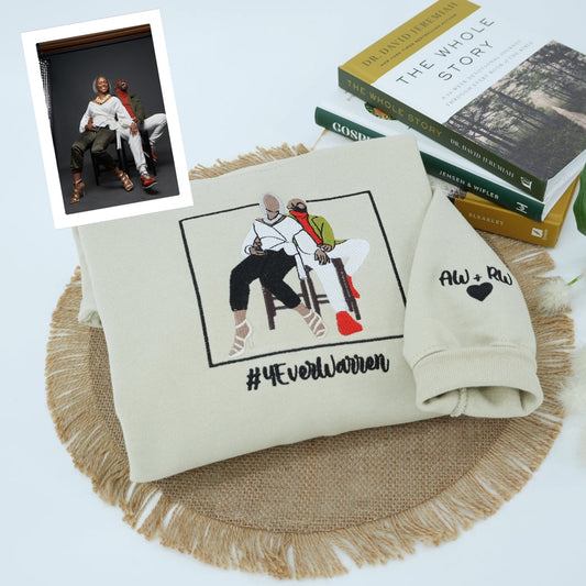 Custom Full Color Embroidered Couple Sweatshirt – Personalized Portrait from Photo with Custom Text – Romantic Gift for Anniversary, Wedding, or Valentine’s Day