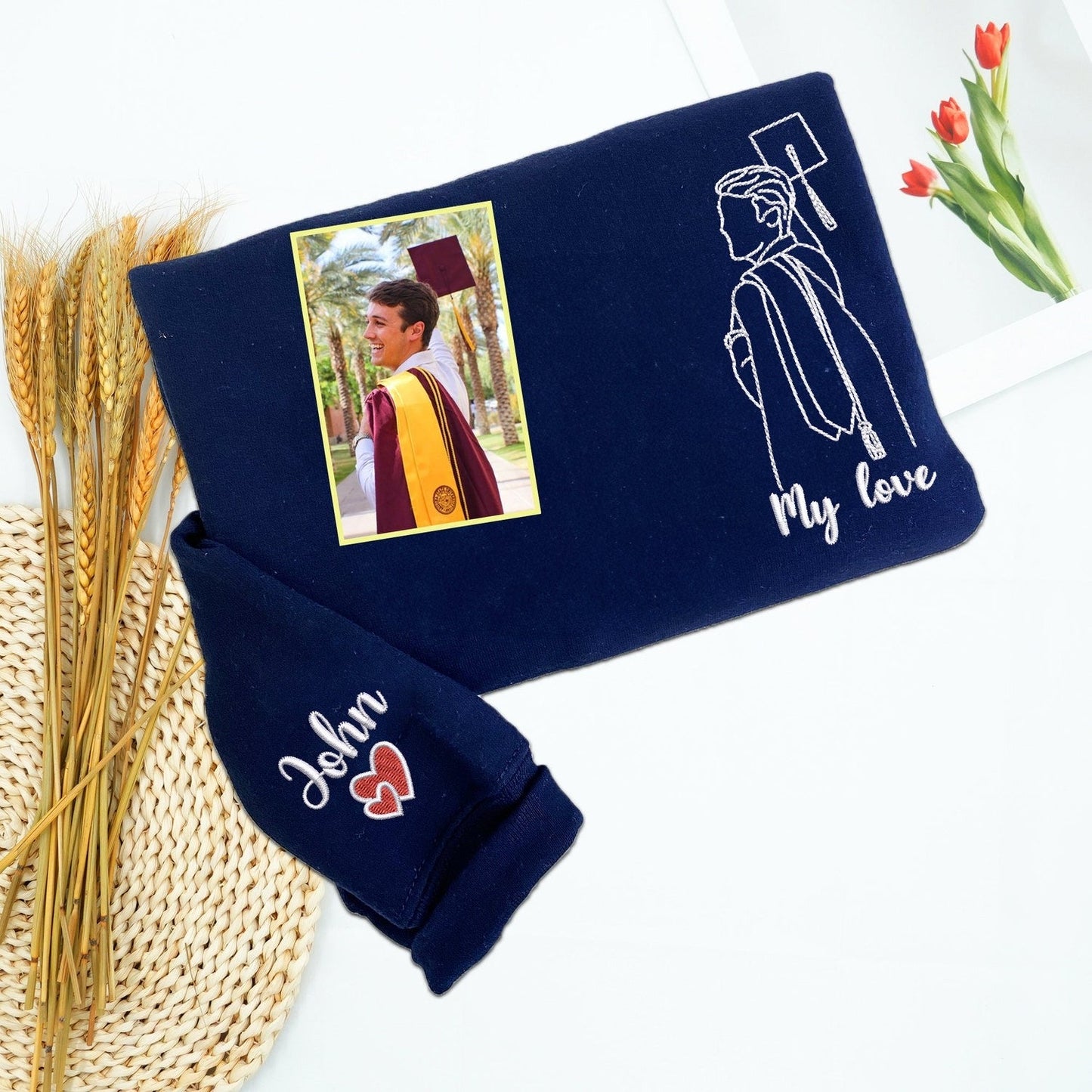 Custom Graduation Portrait Embroidered Sweatshirt – Personalized Photo Gift for Boyfriend – Graduation Gift with Name & Heart – Custom Line Art Drawing