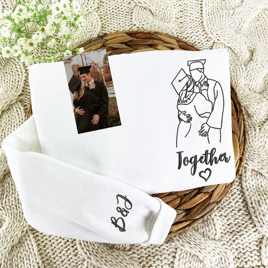 Custom Graduation Portrait Embroidered Sweatshirt – Personalized Photo Gift for Boyfriend – Graduation Gift with Name & Heart – Custom Line Art Drawing