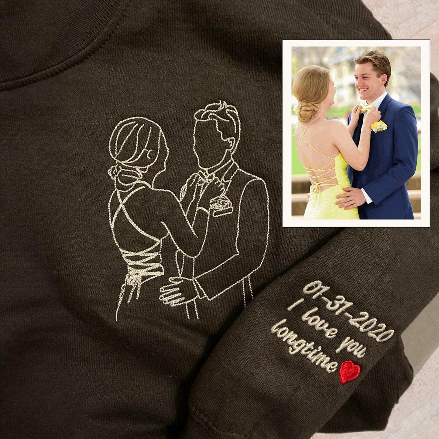 Custom Hug Portrait Sweatshirt from Photo – Personalized Embroidered Line Art Gift for Couples, Best Friends, Siblings, or Loved Ones – Memory Keepsake