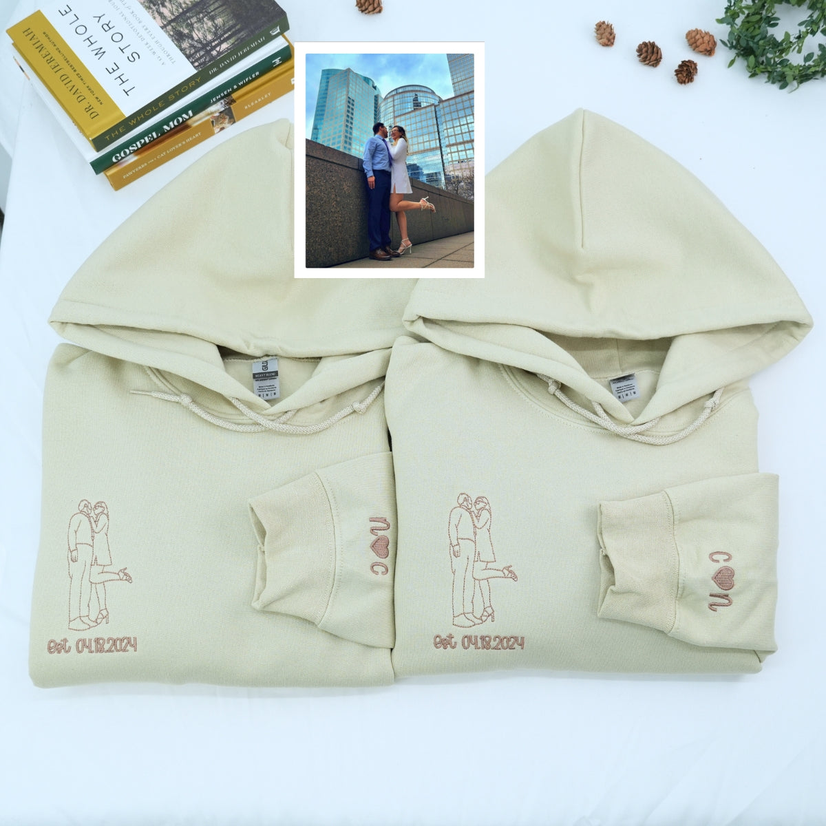 Custom Line Art Wedding Portrait Sweatshirt – Personalized Embroidered Bride & Groom with Date and Initials – Minimalist Wedding Gift for Couples or Anniversary