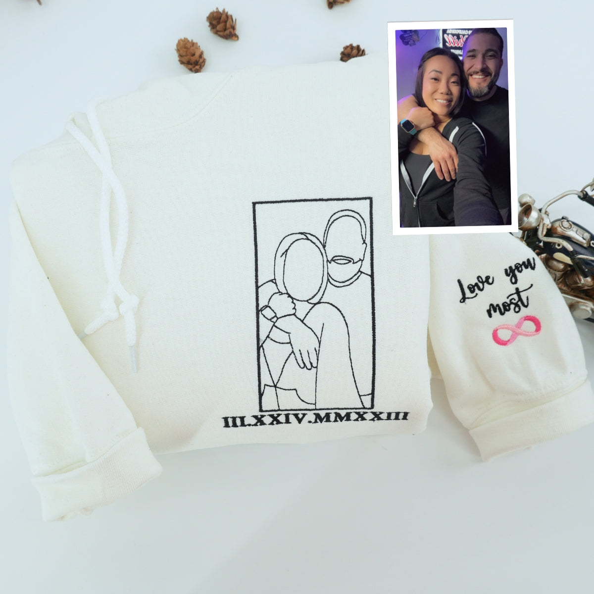 Custom Line Art Wedding Portrait Sweatshirt – Personalized Embroidered Bride & Groom with Date and Initials – Minimalist Wedding Gift for Couples or Anniversary