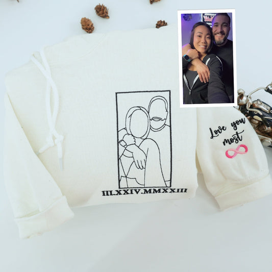 Custom Line Art Wedding Portrait Sweatshirt – Personalized Embroidered Bride & Groom with Date and Initials – Minimalist Wedding Gift for Couples or Anniversary