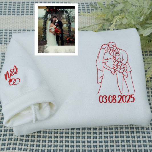 Custom Line Art Wedding Portrait Sweatshirt – Personalized Embroidered Bride & Groom with Date and Initials – Minimalist Wedding Gift for Couples or Anniversary