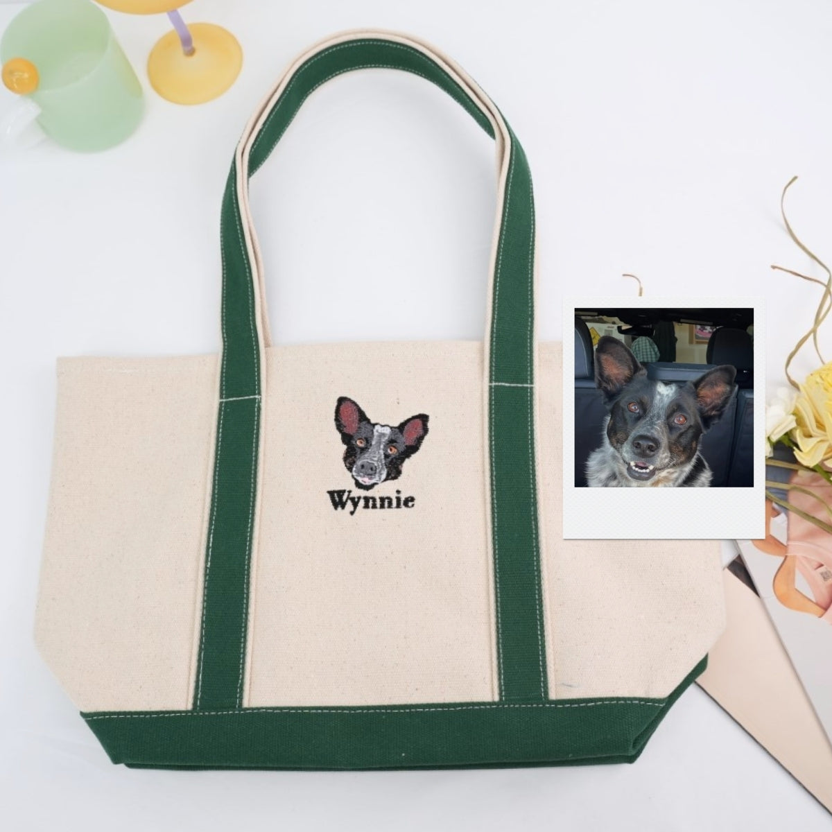 Custom Pet Portrait Tote Bags - Dog Photo Embroidered Canvas Bag - Personalized Dog Mom Gift
